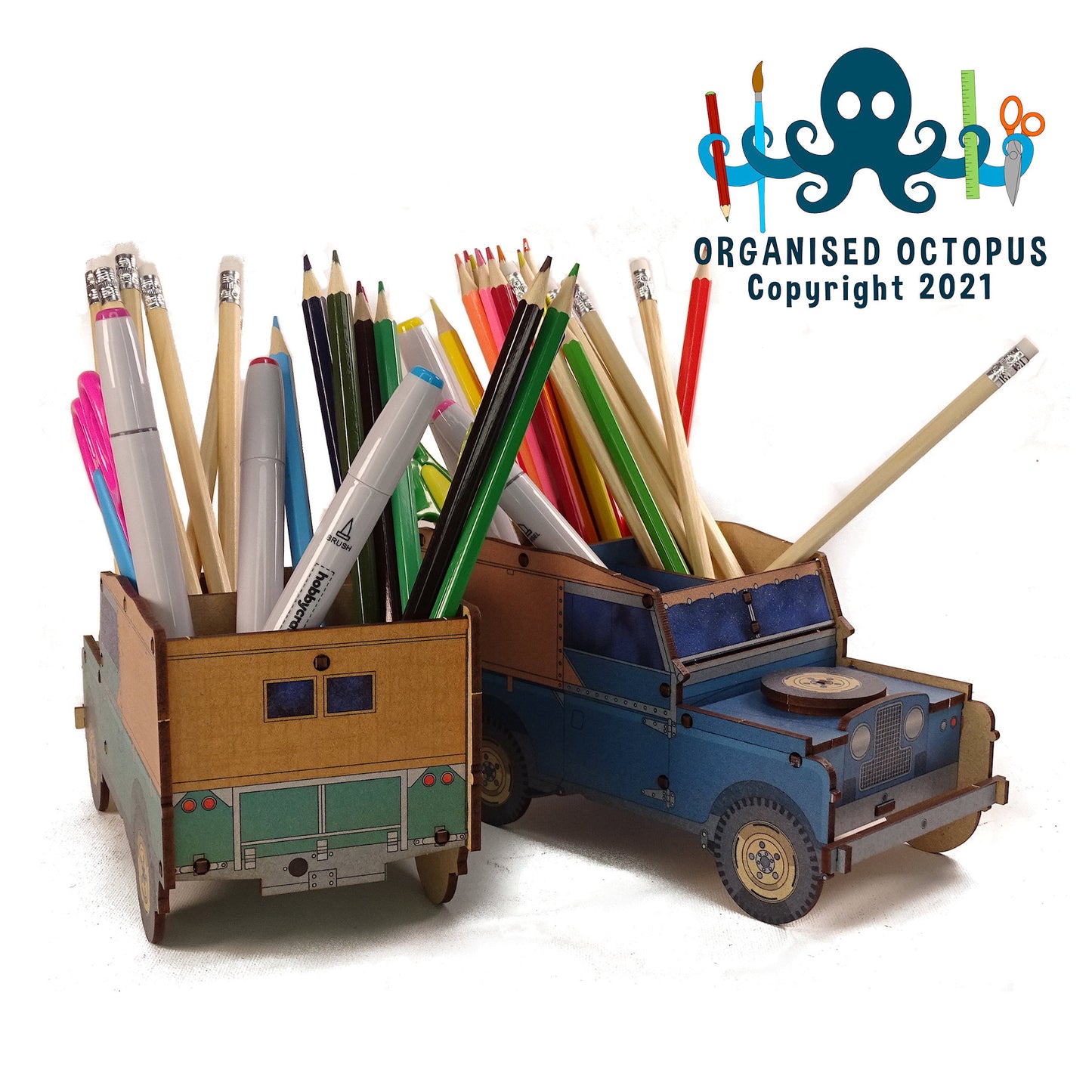 2 SWB Land Rover - Blue and Gree - Showing Back and Front