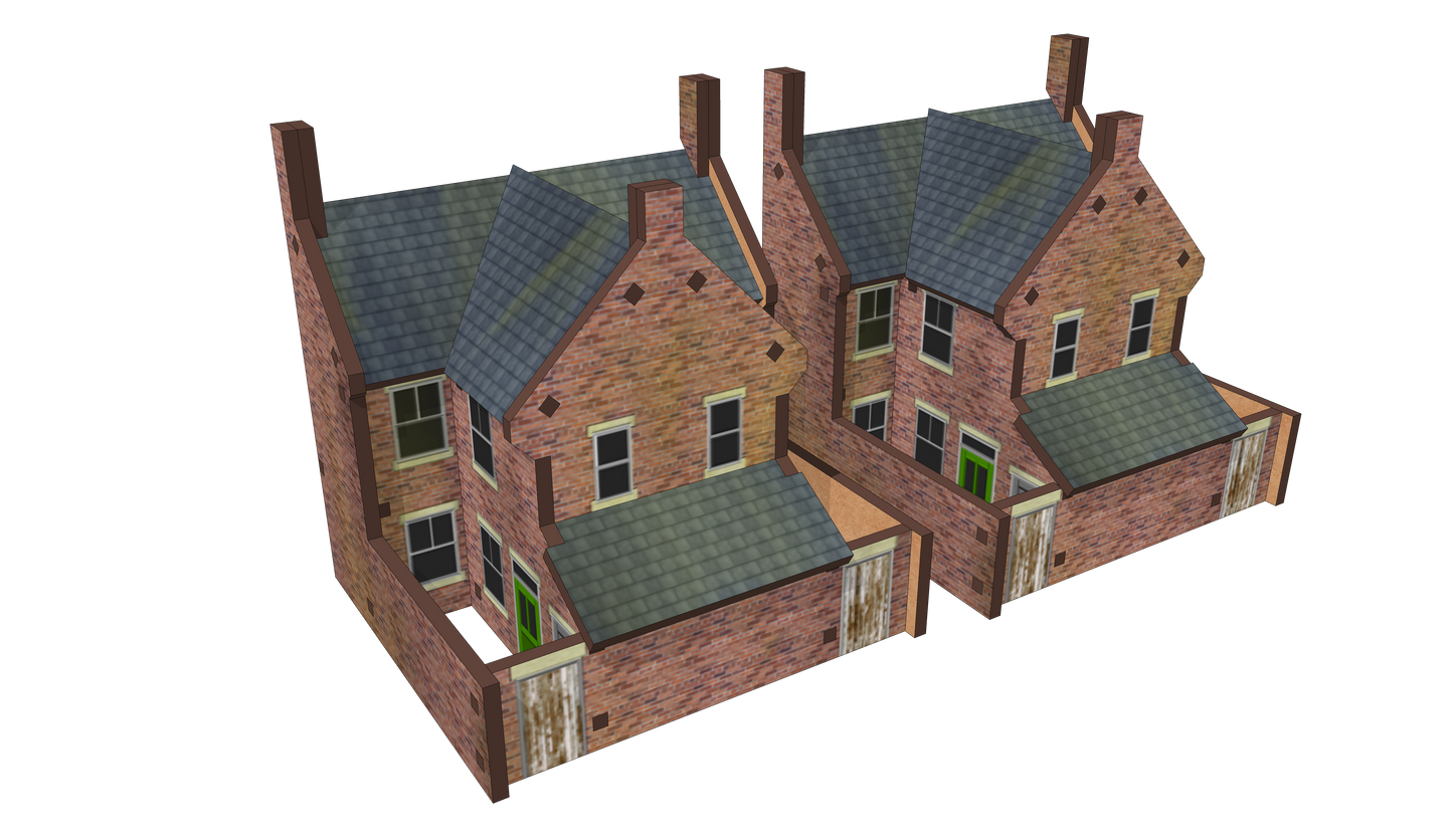 Low Relief Semi-Detached Houses with Extensions with Lean Too and Yards
