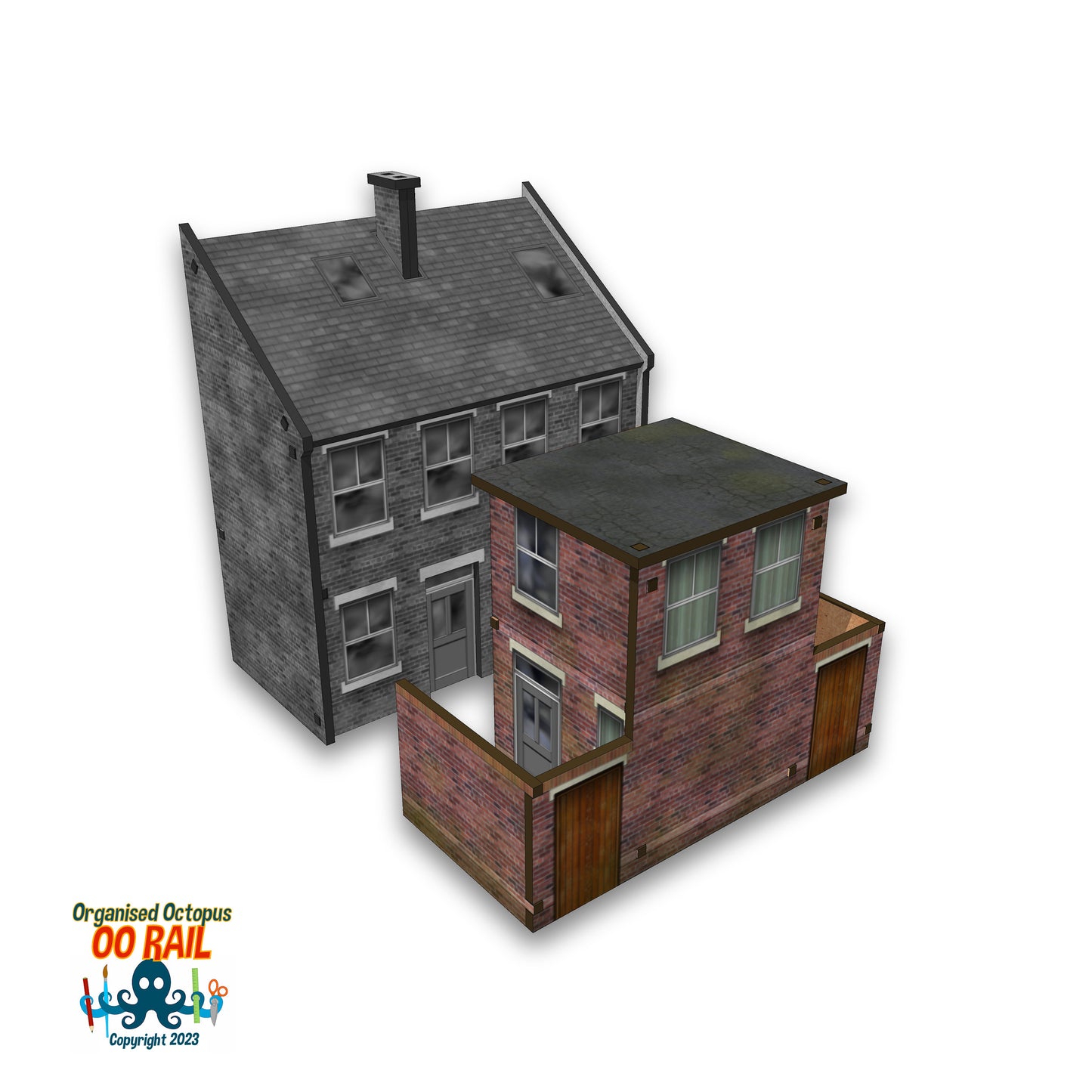 OO Scale 1900s Style Brick House Backs with Yards Flat Roofs