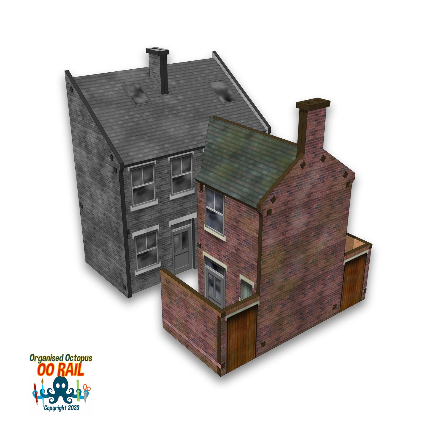 OO Scale 1900s Style Brick House Backs with Yards Pitched Roofs