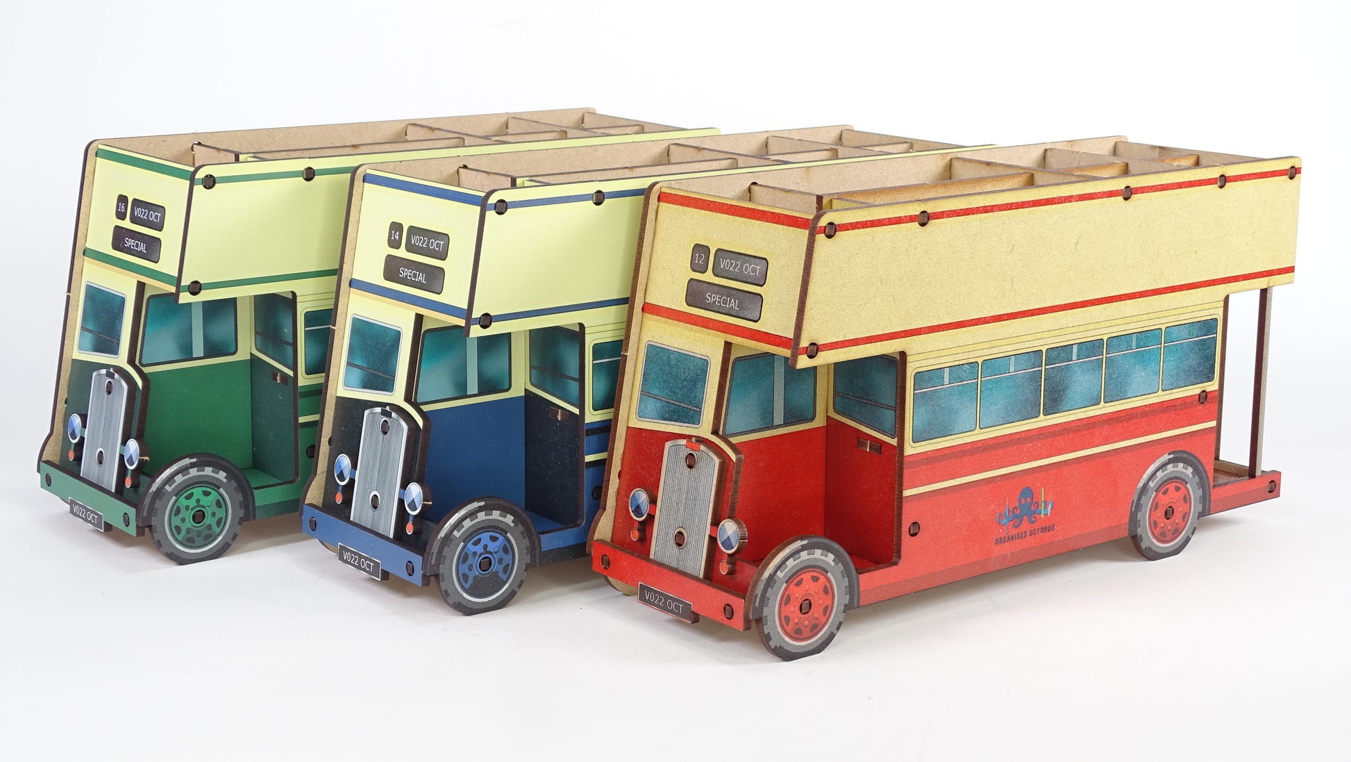3 Open Top Double Deck Buses - Red, Blue and Green
